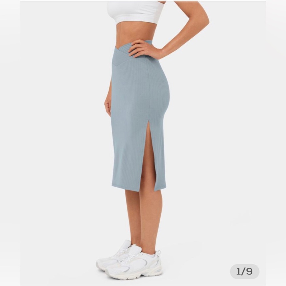 Halara Blue Gray Ribbed Knit Crossover Side Split Bodycon Midi Skirt M NWT